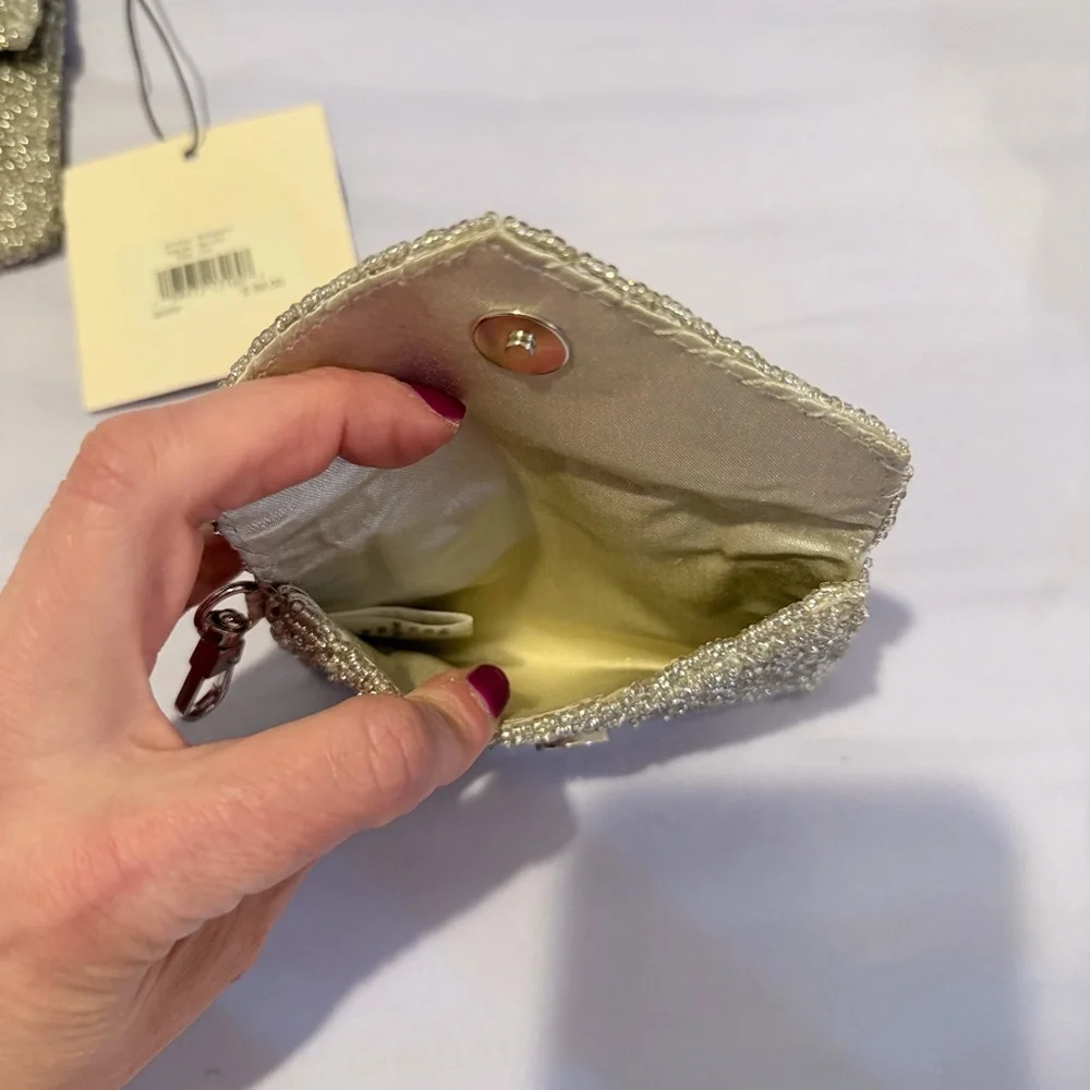 Rachel Zoe Silver Beaded Clutch with Pink Cocktail Motif w/ coin pouch